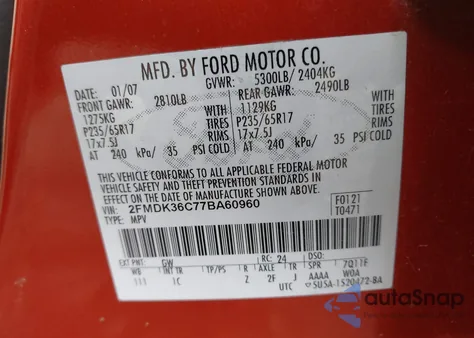 2007 Ford Edge Se из США, поврежденный, VIN 2FMDK36C77BA60960